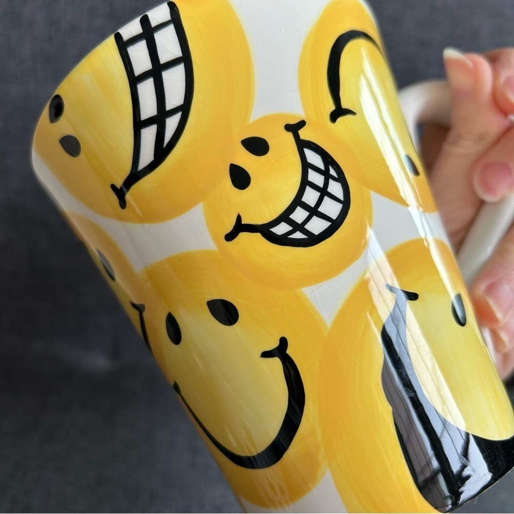 Smiley Face Emoji Covered Coffee Mug, Yellow, White, 15 oz - Picture 12 of 14